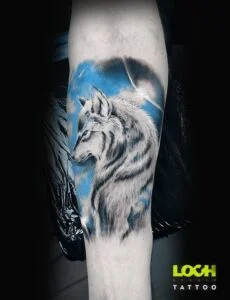 Loch Studio Tattoo - Wilk na niebieskim tle
