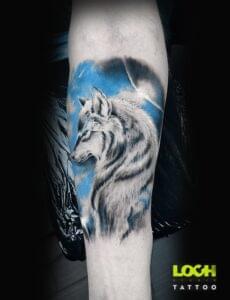 Loch Studio Tattoo - Wilk na niebieskim tle