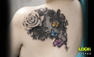 Loch Studio Tattoo - Róża z kolorowymi motylami